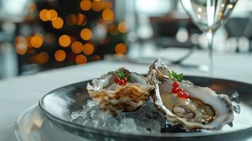 ai generiert Austern Lüge auf glänzend Metall Platten im ein Luxus Restaurant foto