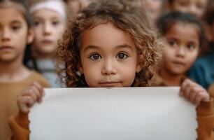 ai generiert Kinder singen während halten ein Weiß Stück von Papier foto