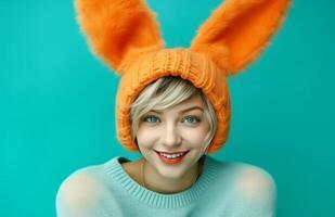 ai generiert lächelnd Mädchen mit ein Orange Sweatshirt und Hase Ohren foto