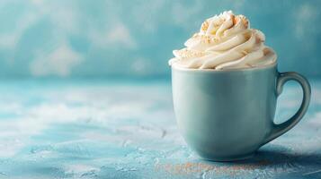 ai generiert Tasse von Cappuccino mit ausgepeitscht Sahne auf ein Sanft Blau minimalistisch Hintergrund foto