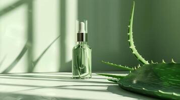 ai generiert ein transparent schön Flasche von Gesicht Serum ohne ein Marke steht auf ein Licht Grün minimalistisch Hintergrund foto