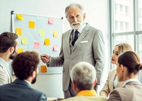 ai generiert Senior Mentor, korporativ Lehrer Ausbildung. Geschäft Trainer foto