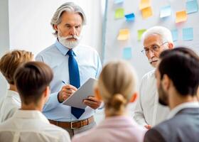 ai generiert Senior Mentor, korporativ Lehrer Ausbildung. Geschäft Trainer foto