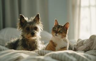 ai generiert Hund und Katze Sitzung auf ein Bett mit anders Texturen foto