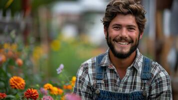 ai generiert jung gut aussehend Farmer im ein Plaid Hemd und Denim Overall sieht aus lächelnd beim das Kamera foto