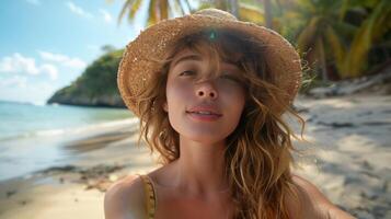 ai generiert optimistisch jung weiblich Tourist genießen ein sonnig Strand Paradies. foto