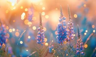 ai generiert grasig Bokeh Himmel mit Blau Blumen foto