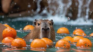 ai generiert Capybara schwimmt im ein Schwimmbad mit Mandarinen foto