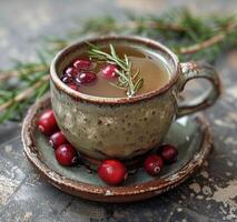 ai generiert ein Becher mit Cranberry und Rosmarin Tee foto