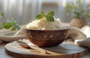 ai generiert Wie zu machen Vanille Reis Pudding im das Morgen foto