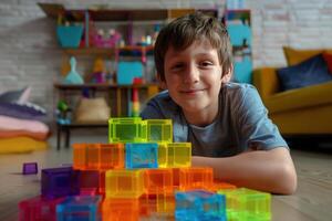 ai generiert ein acht Jahre alt Junge montiert ein Haus von mehrfarbig Würfel während Sitzung auf ein hölzern Fußboden foto