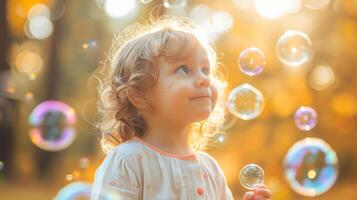 ai generiert ein Kleinkinder kichern wie Sie Pop Seife Blasen, das Inbegriff von einfach Kindheit Freuden foto