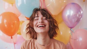 ai generiert ein schön Mädchen, mit bunt Luftballons, ist Lachen im ein Foto gegen ein Weiß Hintergrund