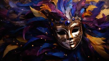 ai generiert Karneval Maske mit Gefieder, Gold, violett, Blau, Gelb foto