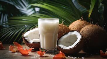 ai generiert Kokosnuss trinken mit Mango, Erdbeeren und Kokosnuss Blätter foto