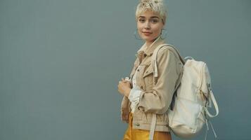 ai generiert ein jung Frau mit kurz blond Haar im ein Beige Biker und golden Hose hält ein Weiß Leder Rucksack foto