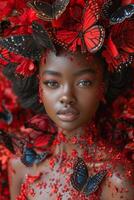 ai generiert Porträt von ein Mädchen im rot Schmetterlinge. 3d Illustration foto