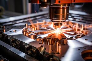 ai generiert Laser- Schneiden von Metall auf cnc Maschinen, modern industriell Technologie zum Herstellung industriell Teile. modern Metallbearbeitung foto