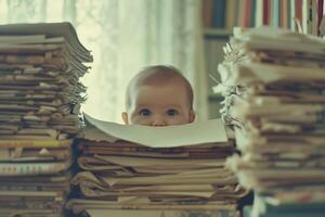 ai generiert ein jung überrascht Kind versteckt sich hinter Stapel von Bücher foto