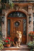 ai generiert ein groß Löwe ist Sitzung Bewachung das Vorderseite Tür von das Haus foto