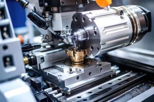 ai generiert Metallbearbeitung auf cnc Maschinen, modern industriell Technologie zum Herstellung industriell Teile foto