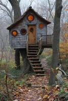 ai generiert süß wenig Baum Haus zum Kinder im das Wald foto