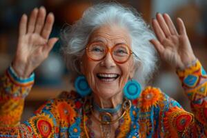 ai generiert glücklich und spielerisch Alten Frau im farbig Kleider drinnen foto