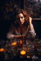 ai generiert Porträt von ein Trinken Mädchen beim ein Tabelle auf ein dunkel Hintergrund foto