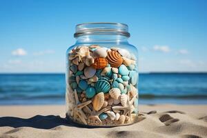 ai generiert Glas Krug mit schön Muscheln im das Sand auf das Strand. Sommer- Urlaub, Reise Hintergrund. generiert durch künstlich Intelligenz foto