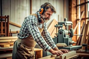 ai generiert Zimmermann Arbeiten auf Holzbearbeitung Maschinen im Zimmerei Geschäft. Mann funktioniert im ein Zimmerei Geschäft. foto