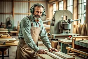 ai generiert Zimmermann Arbeiten auf Holzbearbeitung Maschinen im Zimmerei Geschäft. Mann funktioniert im ein Zimmerei Geschäft. foto