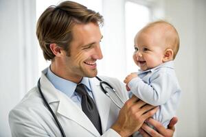 ai generiert glücklich männlich Arzt Prüfung Baby Junge foto