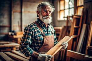 ai generiert Senior männlich Zimmermann halten Holz foto