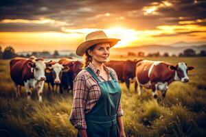 ai generiert weiblich Farmer Kühe Sonnenuntergang foto