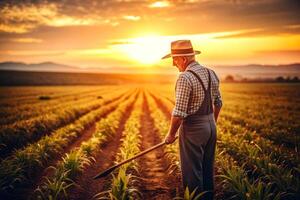 ai generiert männlich Farmer Kühe Sonnenuntergang foto