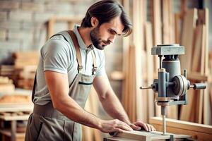 ai generiert männlich Zimmermann Arbeiten hölzern Maschine Werkstatt foto