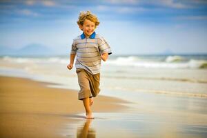 ai generiert Junge Laufen auf Strand foto