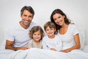 ai generiert glücklich Familie auf Weiß Bett im das Schlafzimmer foto