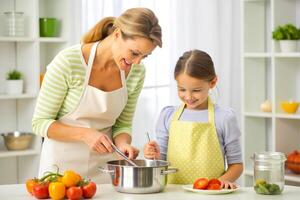 ai generiert Mutter und Tochter Kochen beim Küche foto