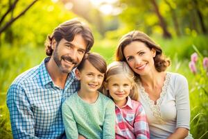 ai generiert glücklich jung Familie Ausgaben Zeit zusammen draußen im Grün Natur. foto