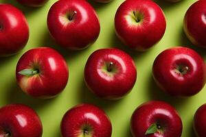 ai generiert köstlich reif rot Äpfel Früchte auf ein Grün Hintergrund oben Aussicht foto