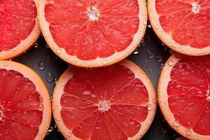 ai generiert reif Saft geschnitten rot Grapefruit im Wasser Tropfen oben Aussicht auf schwarz Hintergrund foto