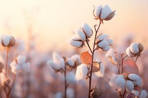 ai generiert Nahansicht von ein schön Baumwolle Blumen im ein Feld auf ein verschwommen Hintergrund foto