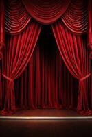 ai generiert Vertikale Szene Hintergrund, rot Vorhang auf Bühne von Theater oder Kino leicht angelehnt foto