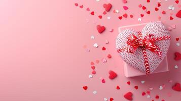 ai generiert Herz gestalten Geschenk Box mit Band auf Rosa Hintergrund png foto