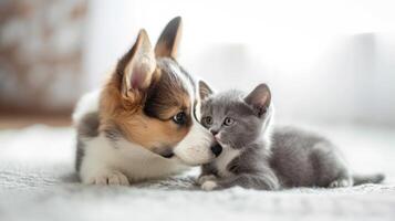 ai generiert Hund und Katze Verlegung auf das Bett zusammen foto