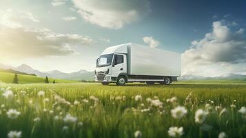 ai generiert Weiß LKW Mähen auf malerisch Landschaft Sommer- Straße. Lieferung Konzept. generativ ai. foto