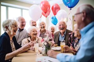 ai generiert Alten Geburtstag Feier - - lächelnd Gruppe im festlich Atmosphäre foto