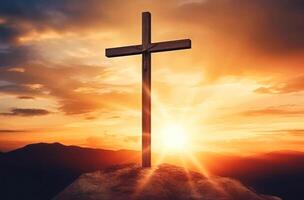 ai generiert spirituell Reise - - Hügel Kreuz im Sonnenlicht foto