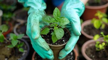 ai generiert Nahansicht von Hände im Handschuhe Pflanzen oder Pflege zum jung Grün Pflanze im Topf. Gartenarbeit Tipps, Pflanze Pflege, Umwelt Erhaltung Hintergrund. foto